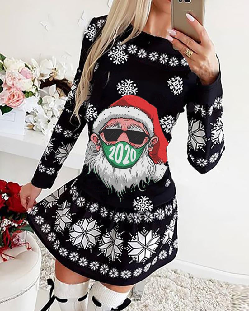 Christmas Santa Snowflake Print Long Sleeve Dress