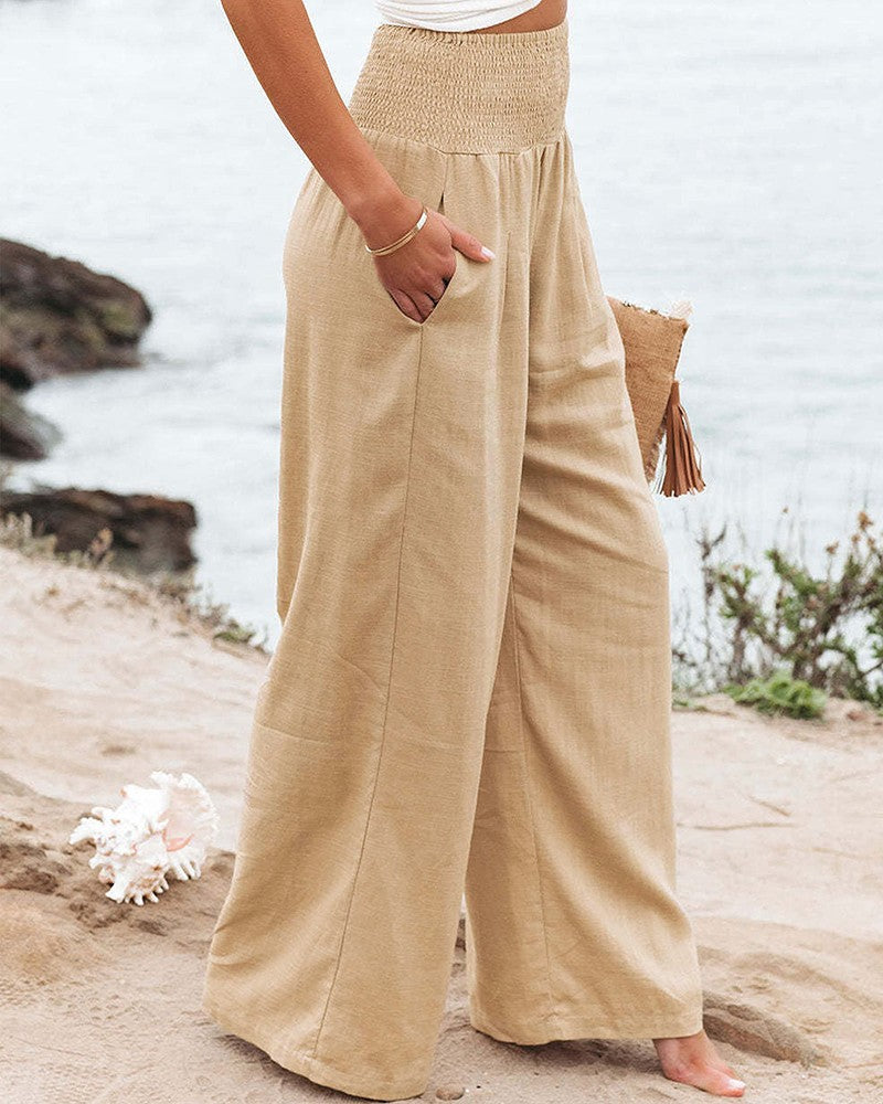 Gathered Waist Pocket Design Wide Leg Pants