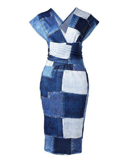 Denim Look Print Cap Sleeve Midi Dress