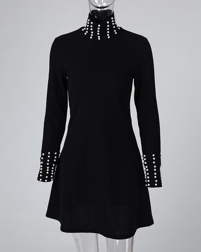 Beaded High Neck Long Sleeve Casual Dress