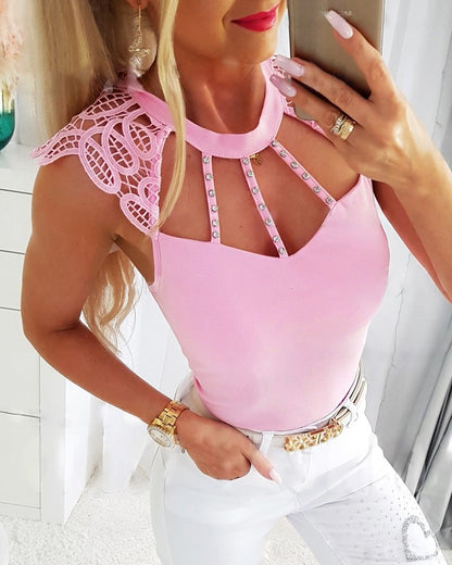 Studded Lace Patch Hollow Out Tank Top