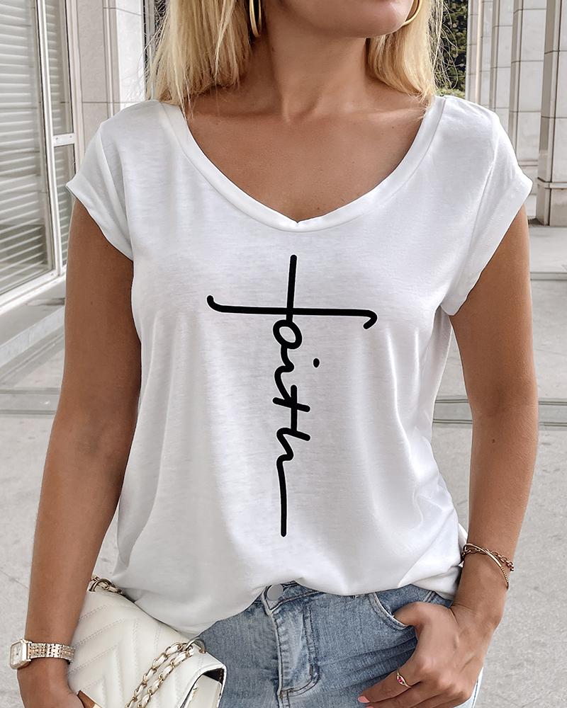 Faith Print V Neck Cap Sleeve T shirt