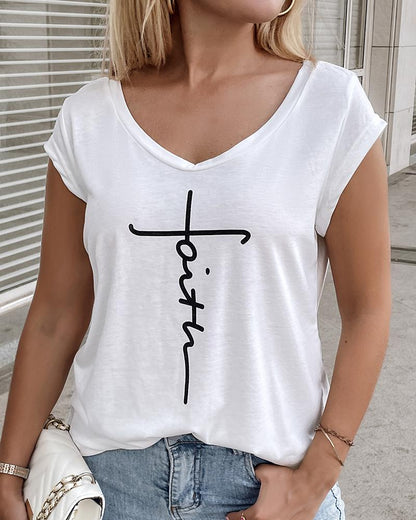 Faith Print V Neck Cap Sleeve T shirt