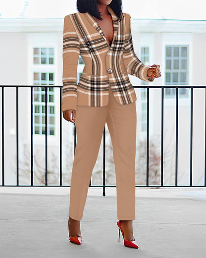 Plaid Print Shawl Collar Blazer Coat & Pants Set