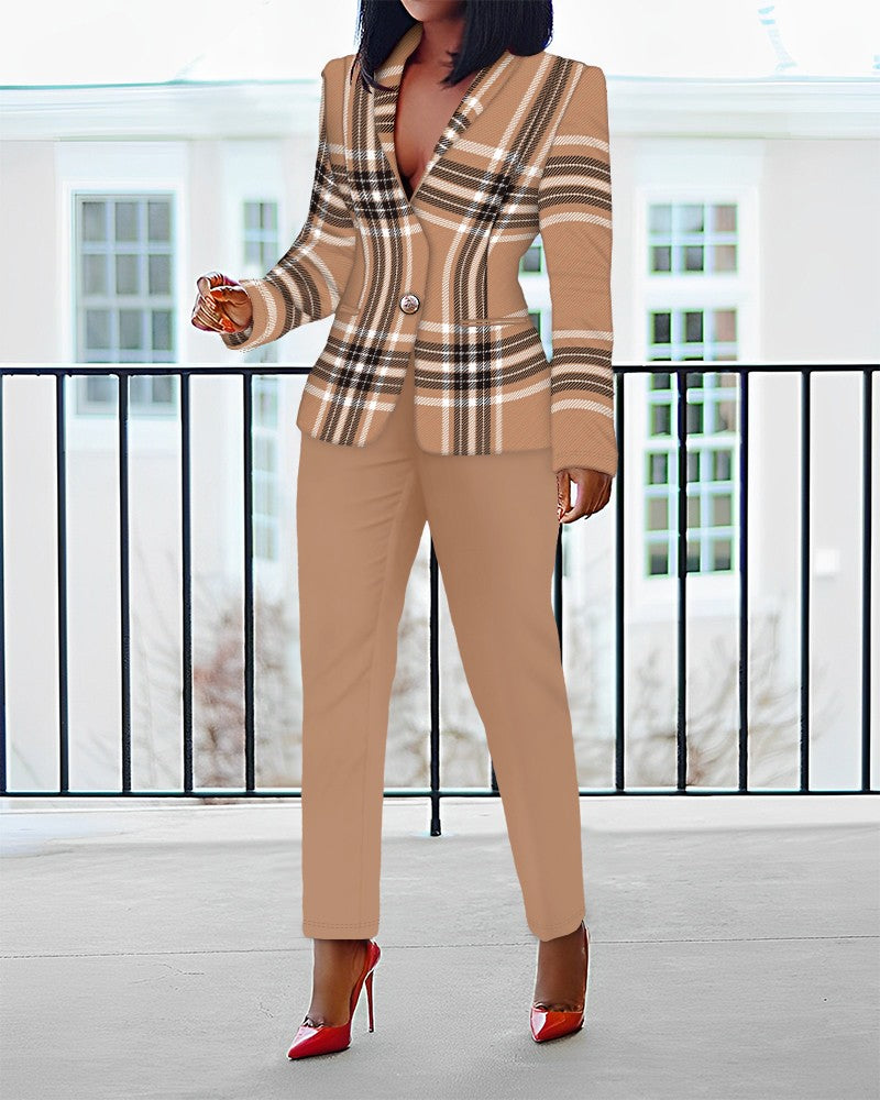 Plaid Print Shawl Collar Blazer Coat & Pants Set