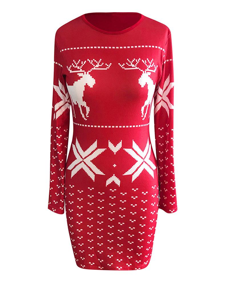 Christmas Reindeer Print Casual Sweater Dress