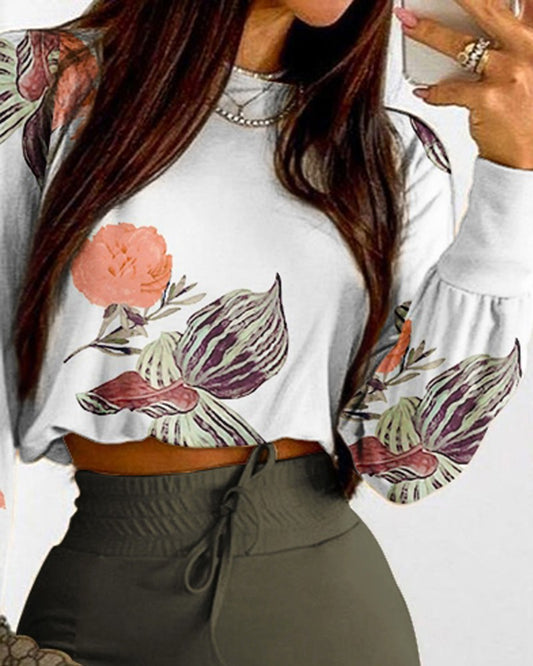 Floral Print Long Sleeve Crop Top & Drawstring Skirt Set