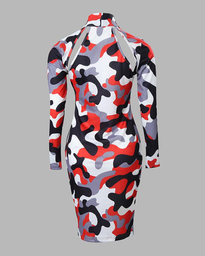 Camouflage Print Cutout Long Sleeve Bodycon Dress