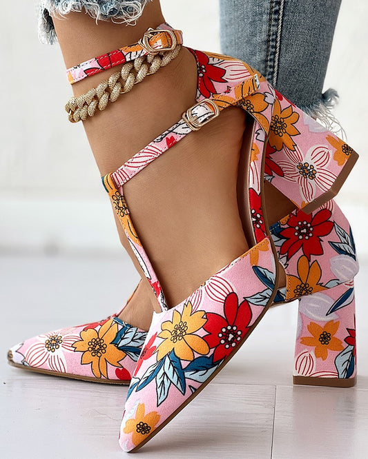 Floral Print T Strap Buckled Chunky Heel Pumps