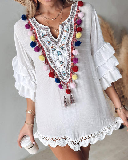 Tribal Embroidery Pom Pom Crochet Lace Casual Dress