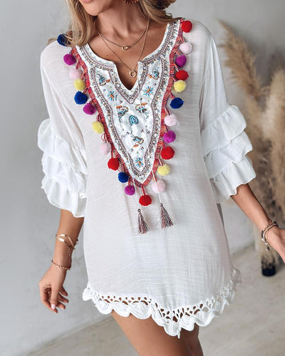 Tribal Embroidery Pom Pom Crochet Lace Casual Dress