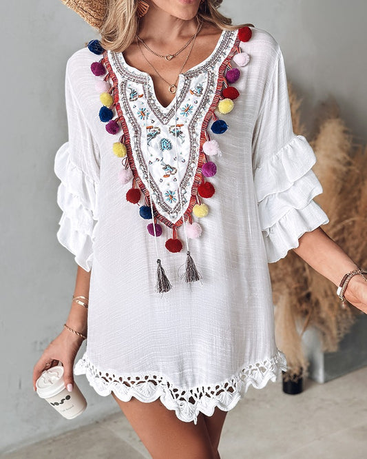 Tribal Embroidery Pom Pom Crochet Lace Casual Dress