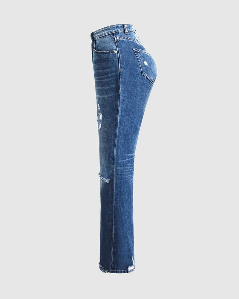 Ripped Low Waist Straight Leg Jeans