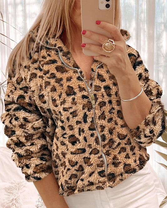 Leopard Print Zipper Design Fuzzy Coat