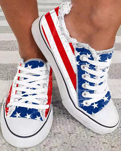 Fringe Hem American Flag Lace up Canvas Shoes