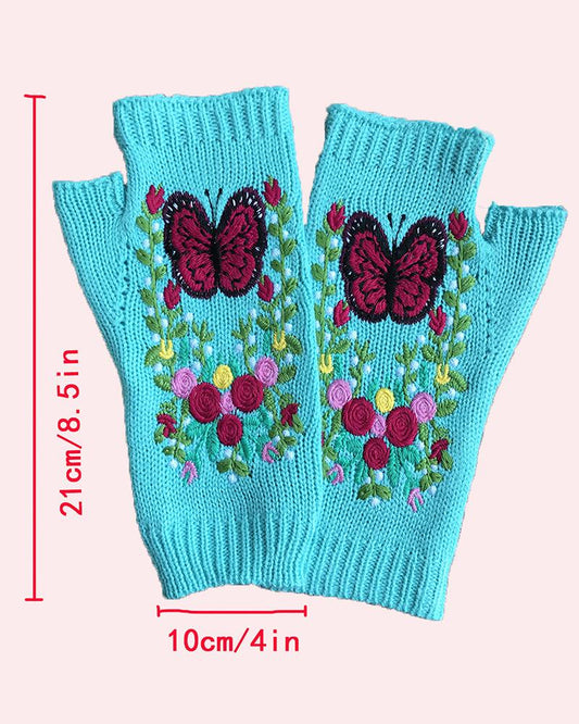 1Pair Floral Butterfly Embroidery Fingerless Knit Gloves