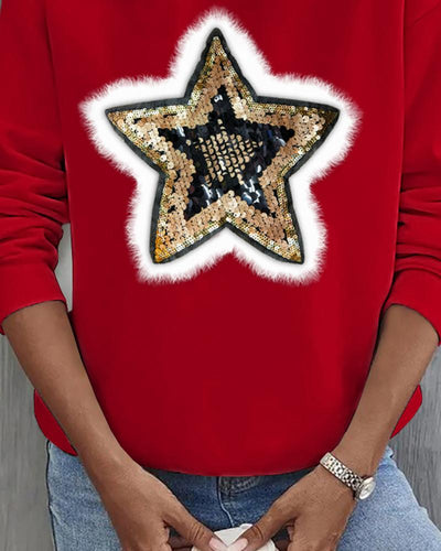Sequin Star Pattern Fuzzy Detail Sweatshirt