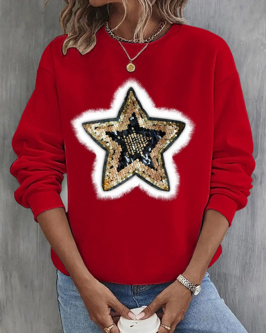 Sequin Star Pattern Fuzzy Detail Sweatshirt