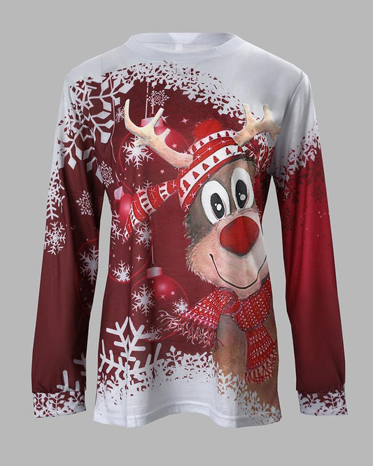 Christmas Snowflake Elk Print Long Sleeve Casual Top