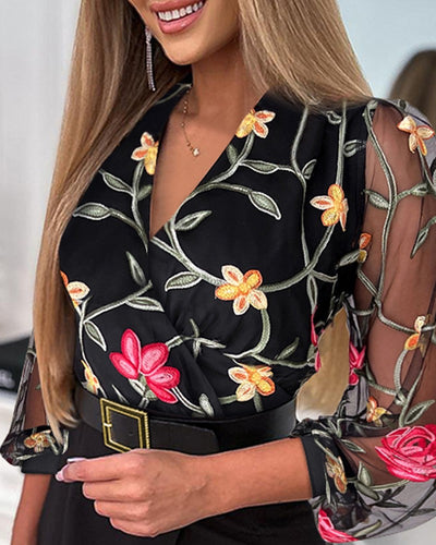 Floral Embroidery Mesh Patch Wrap Work Dress