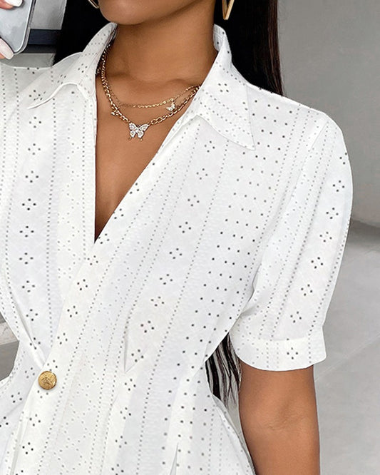 Buttoned Eyelet Embroidery Short Sleeve Top