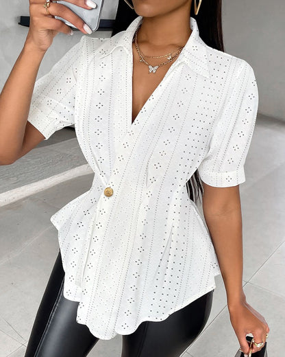 Buttoned Eyelet Embroidery Short Sleeve Top
