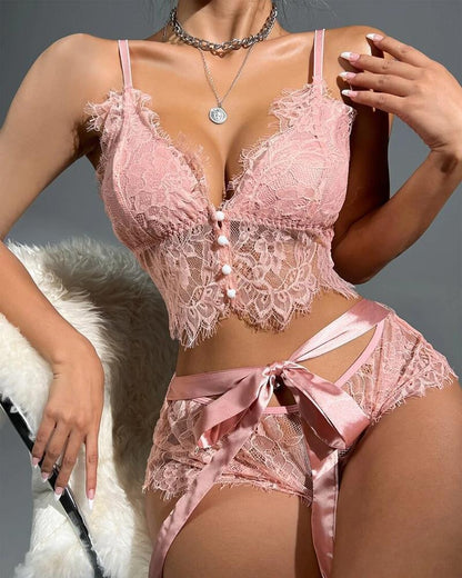 Crochet Eyelash Lace Tied Detail Lingerie Set