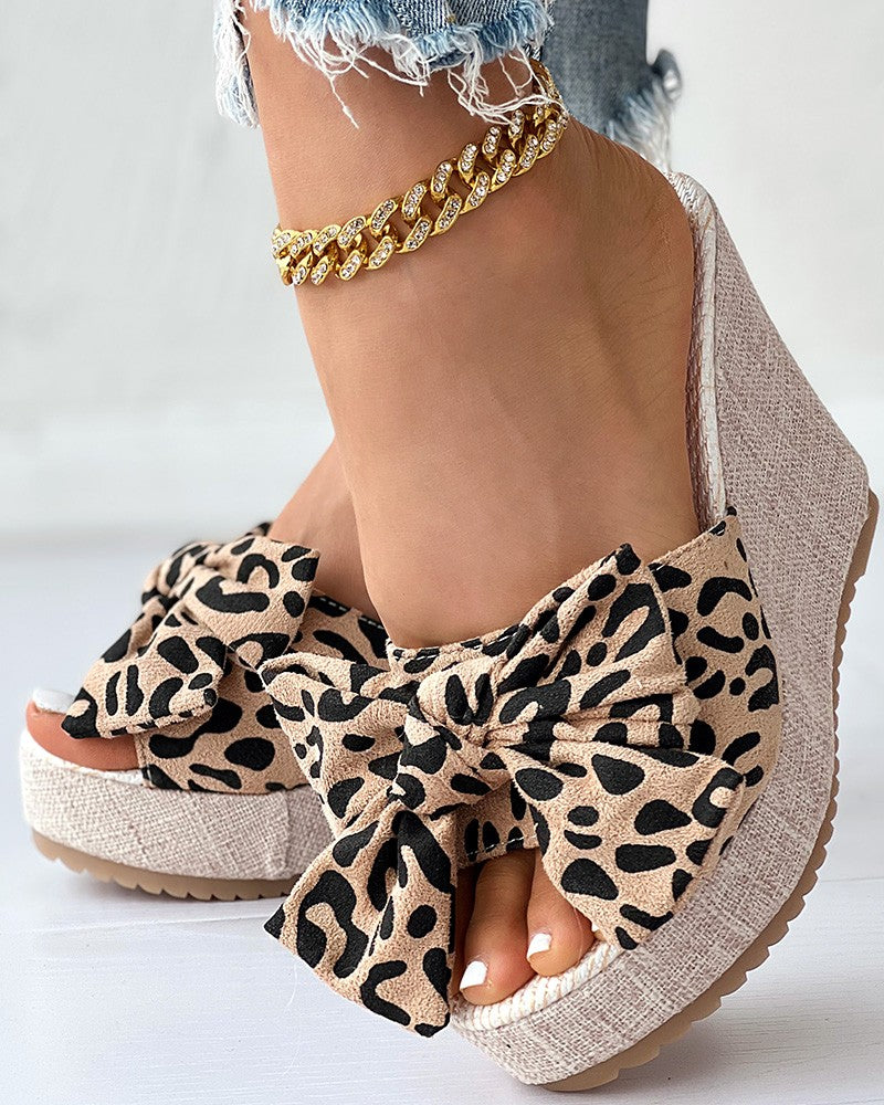Leopard Bowknot Design Wedge Slippers