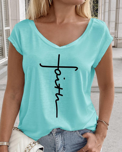 Faith Print V Neck Cap Sleeve T shirt