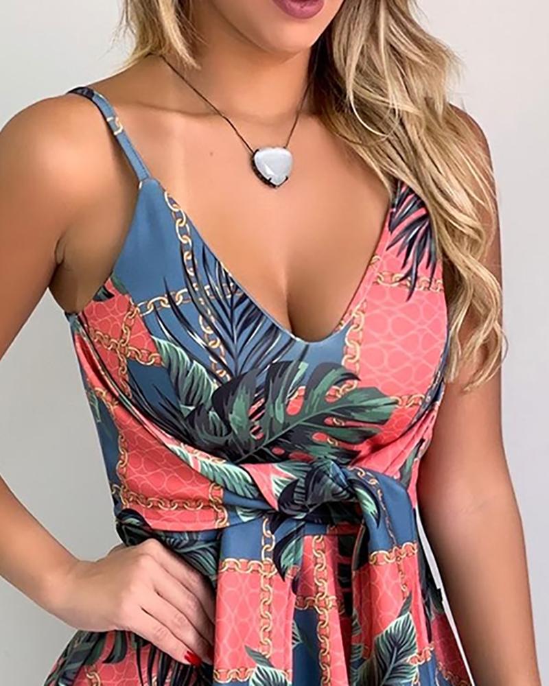 Knotted Front Tropical Print Casual Dress