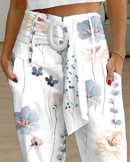 Floral Print High Waist Belted Pocket Design Pants