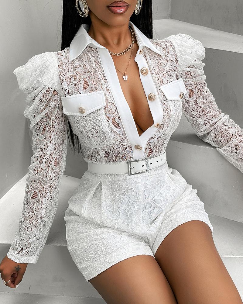 Puff Sleeve Buttoned Lace Romper