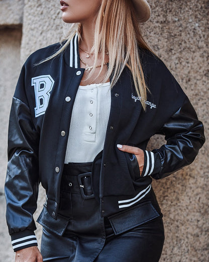 Letter Pattern Long Sleeve Buttoned Baseball Jacket