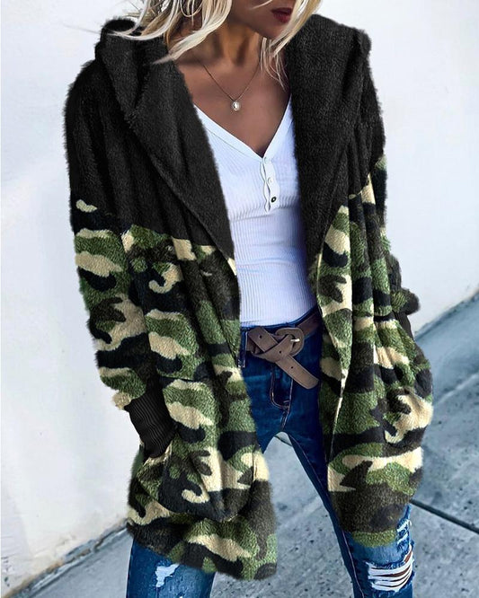 Camouflage Print Long Sleeve Hooded Teddy Coat