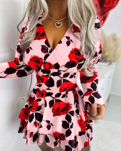 Floral Print Shirred Deep V Neck Dress