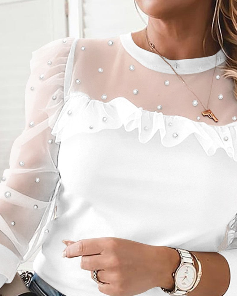 Beaded Sheer Mesh Ruffles Top