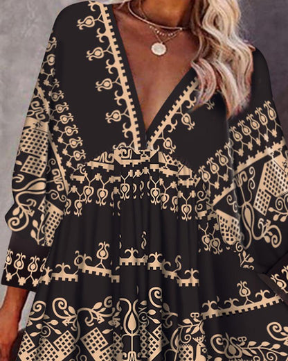 Tribal Print Lantern Sleeve Swing Dress