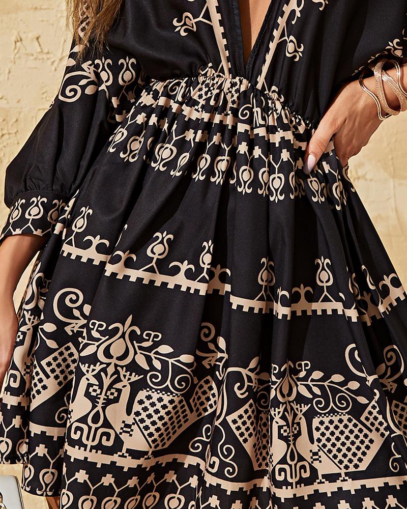 Tribal Print Lantern Sleeve Swing Dress