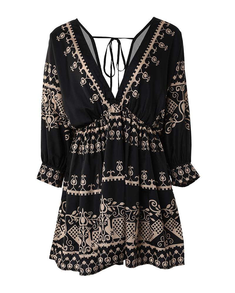 Tribal Print Lantern Sleeve Swing Dress