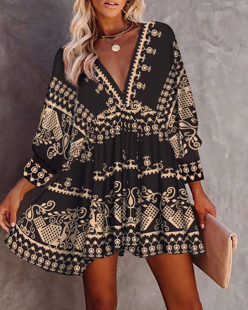 Tribal Print Lantern Sleeve Swing Dress