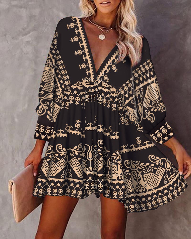 Tribal Print Lantern Sleeve Swing Dress