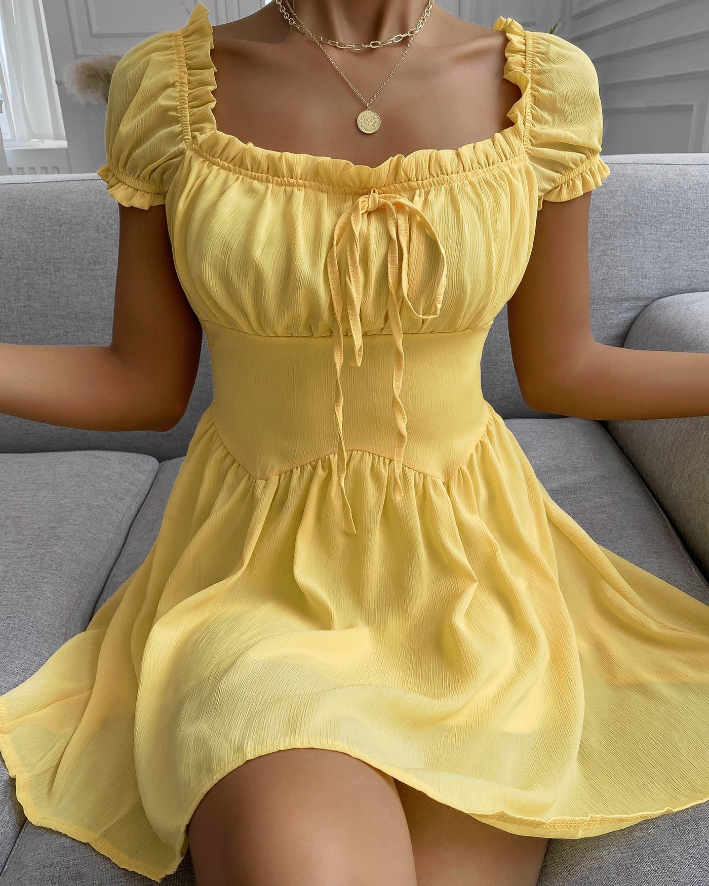 Square Neck Tie Detail Mini Dress