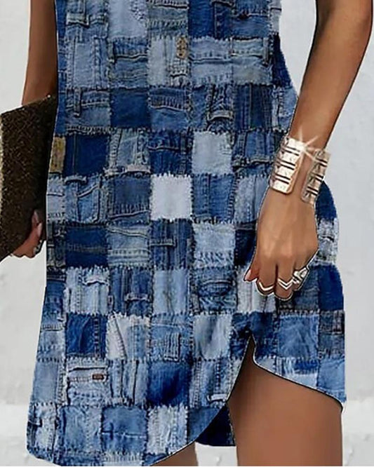 Denim Look Print Cold Shoulder Casual Dress