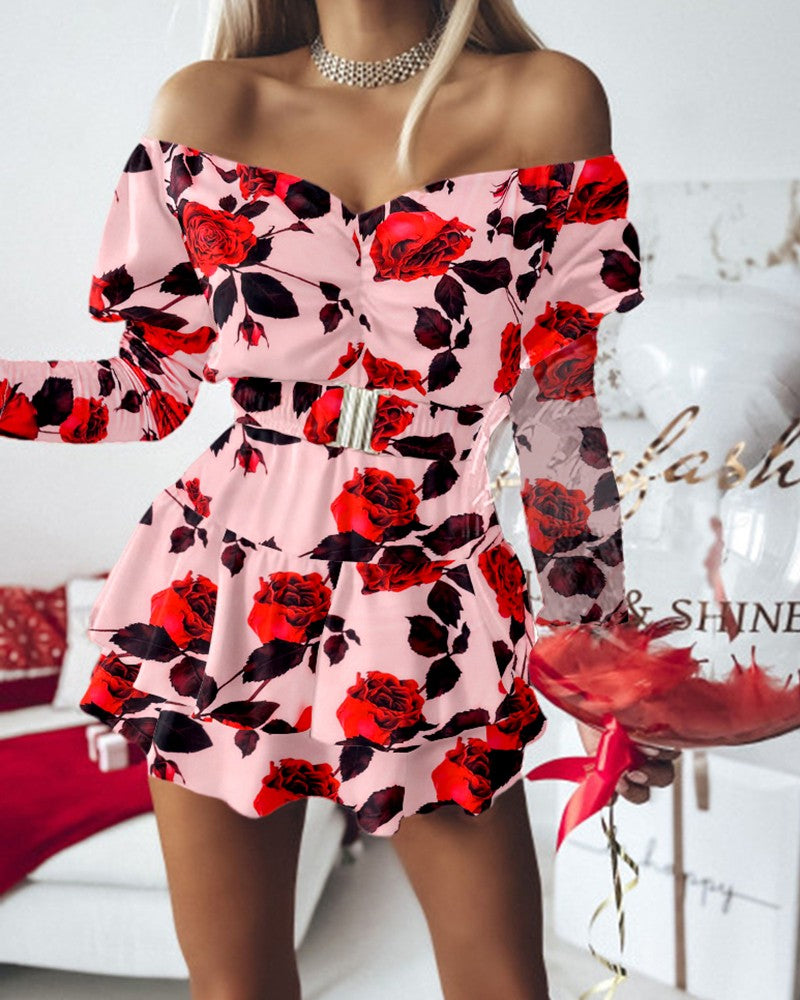 Floral Print Off Shoulder Shirred Dress