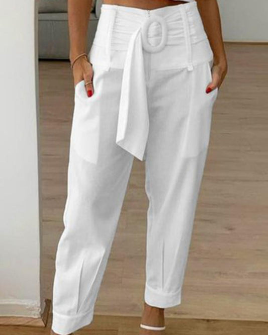 High Waist Belted Pocket Design Pants