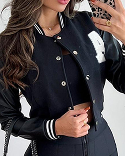 Letter Pattern Striped Buttoned Baseball Jacket