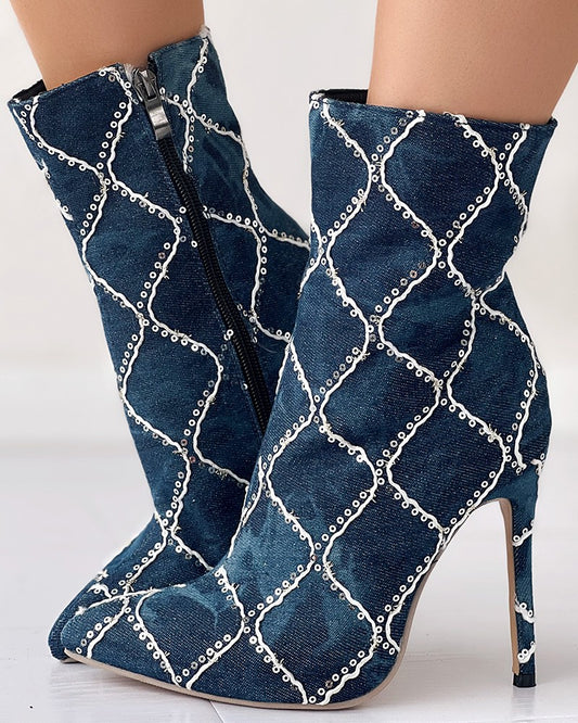 Contrast Sequin Side Zipper Stiletto Heel Ankle Boots