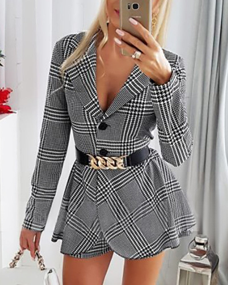 Plaid Print Tied Detail Buttoned Romper