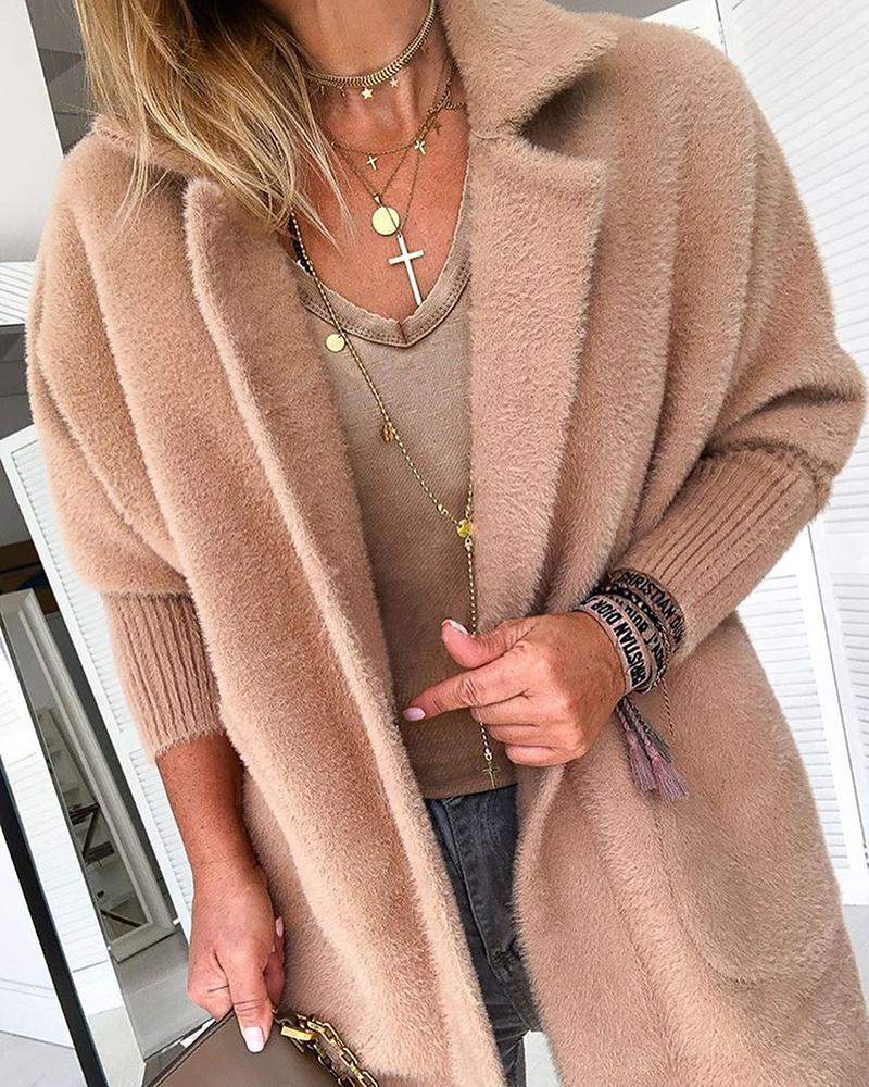 Warm Khaki Solid Fluffy Open Front Long Coat