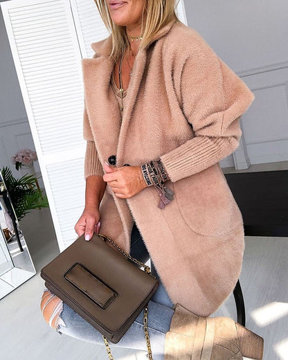 Warm Khaki Solid Fluffy Open Front Long Coat